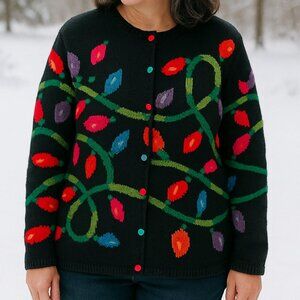 Talbots Y2K Hand Knit Women Black Christmas Holiday Light Cardigan Sweater L